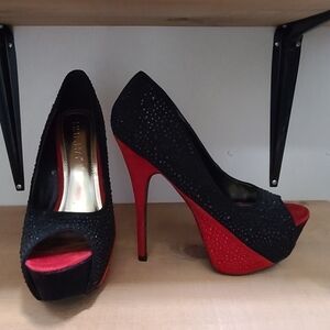 Liliana Black and Red Peep Toe Heels
